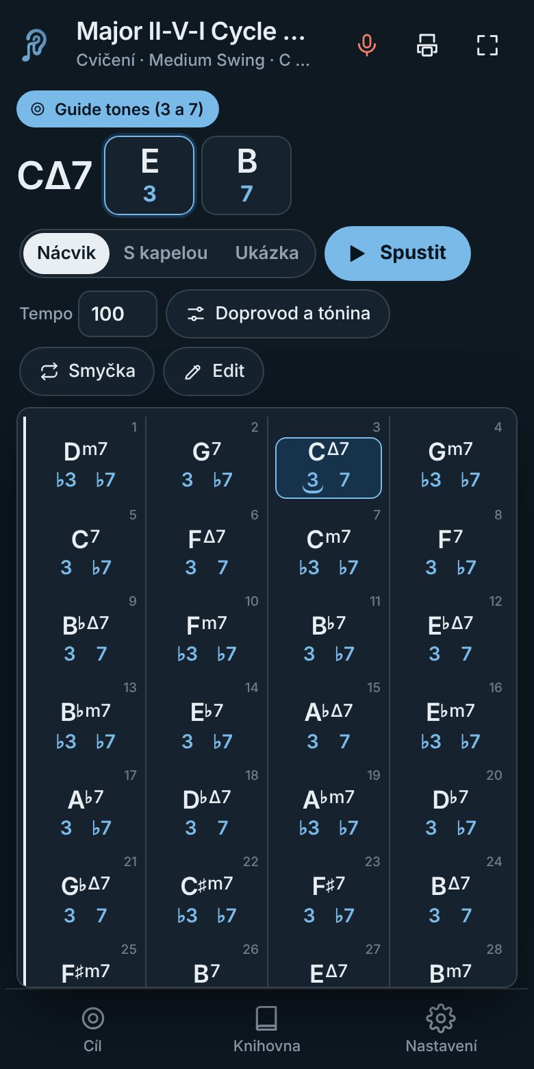 EarBop na mobilu: guide tones na II–V–I